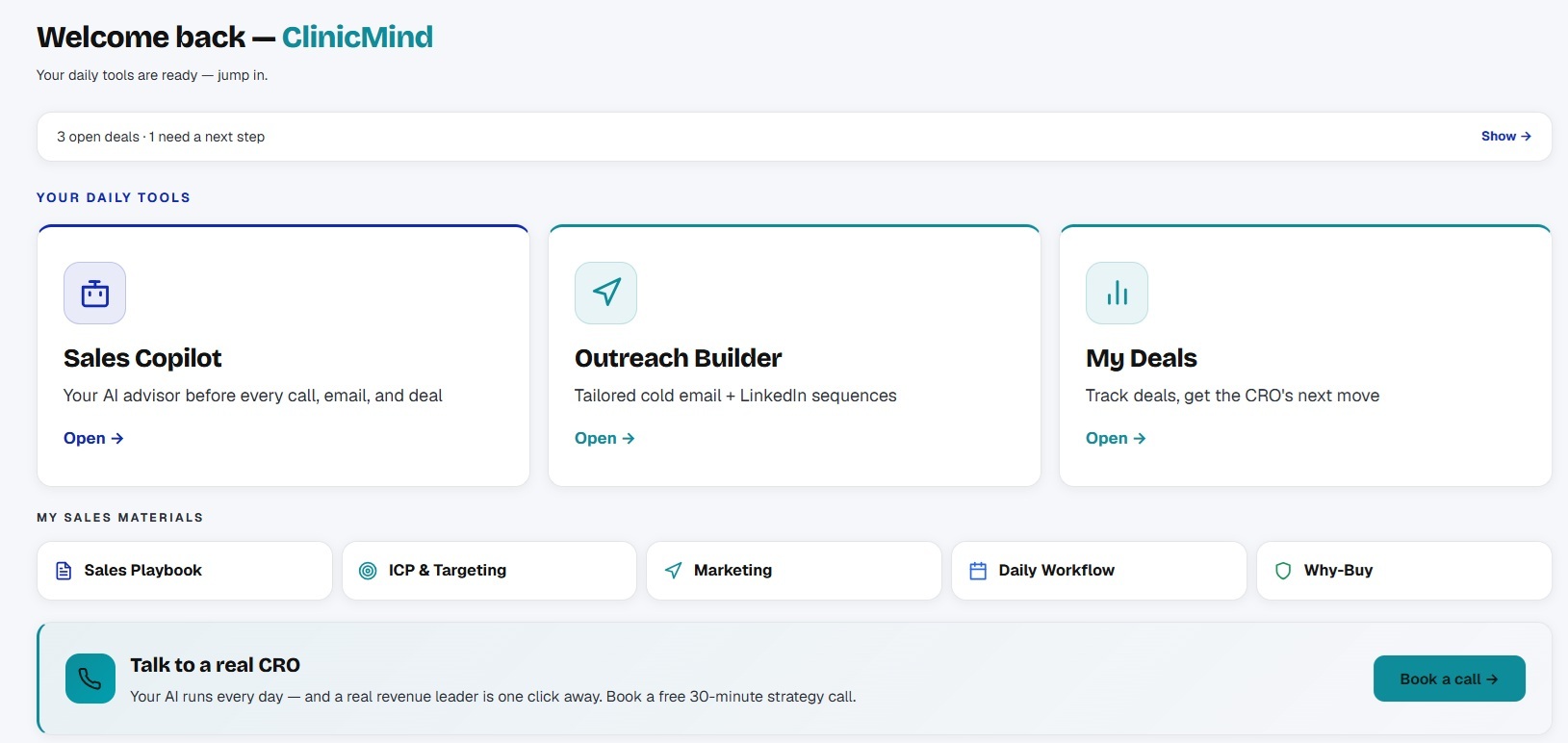 ClinicMind dashboard with Sales Copilot, Outreach Builder, and My Deals
