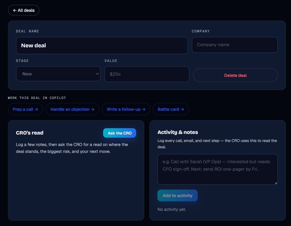 My Deals - deal detail with CRO's read and activity log