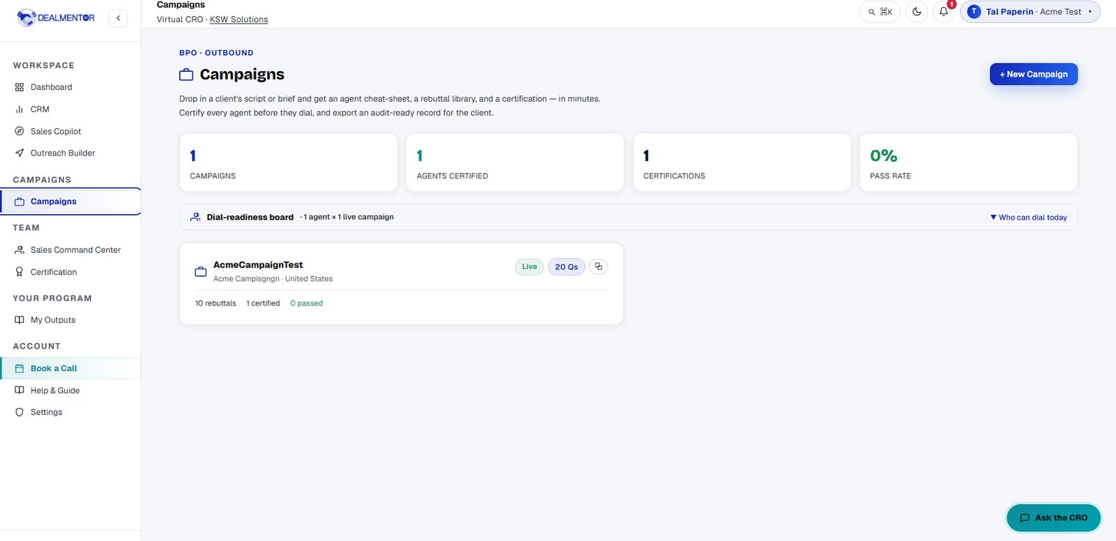 Campaigns, a live campaign published and assigned to a specific agent, with cheat sheet, rebuttals and certification tabs